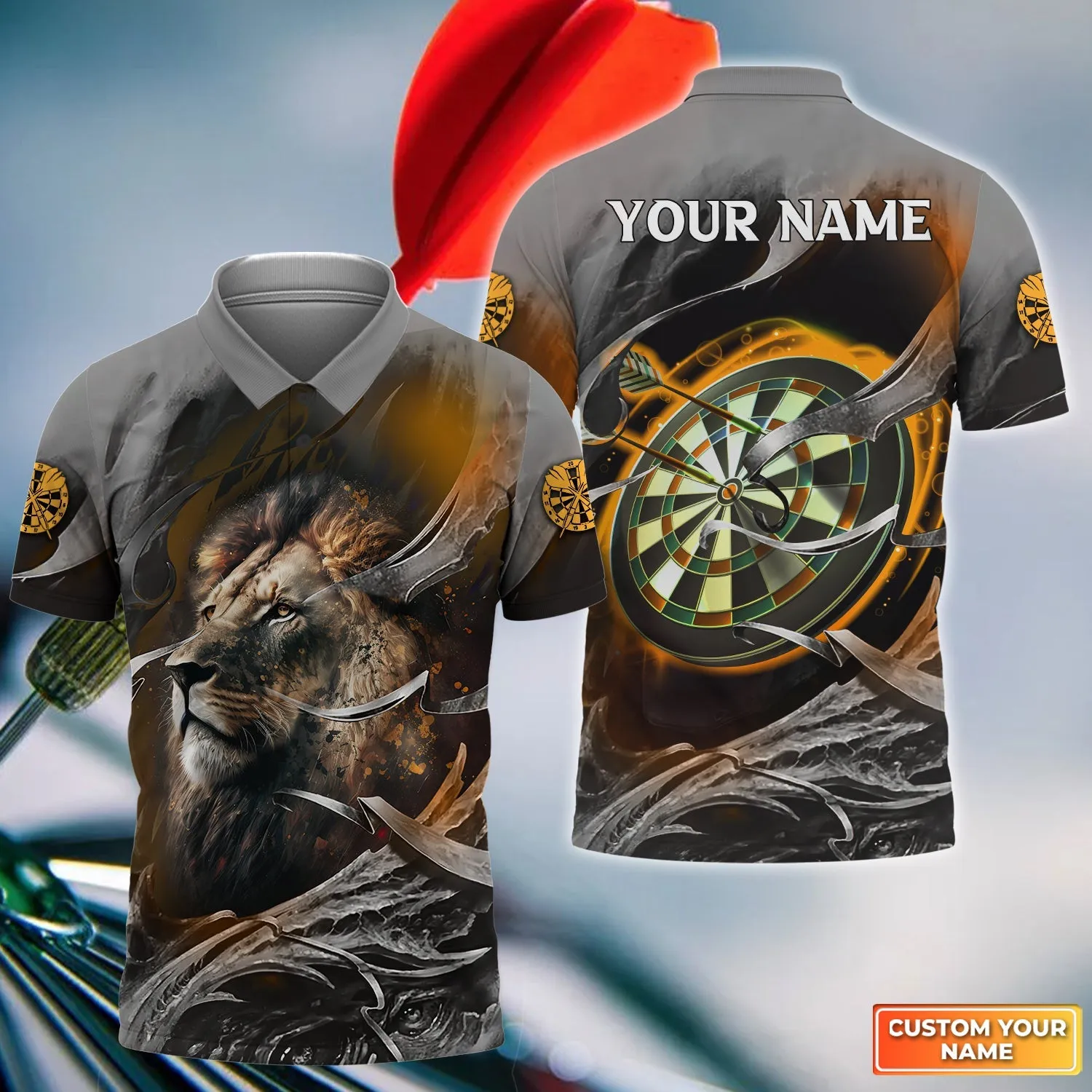 Bullseye Dartboard Personalized Name 3D Lion And Darts Polo Shirt For Dart Team Player