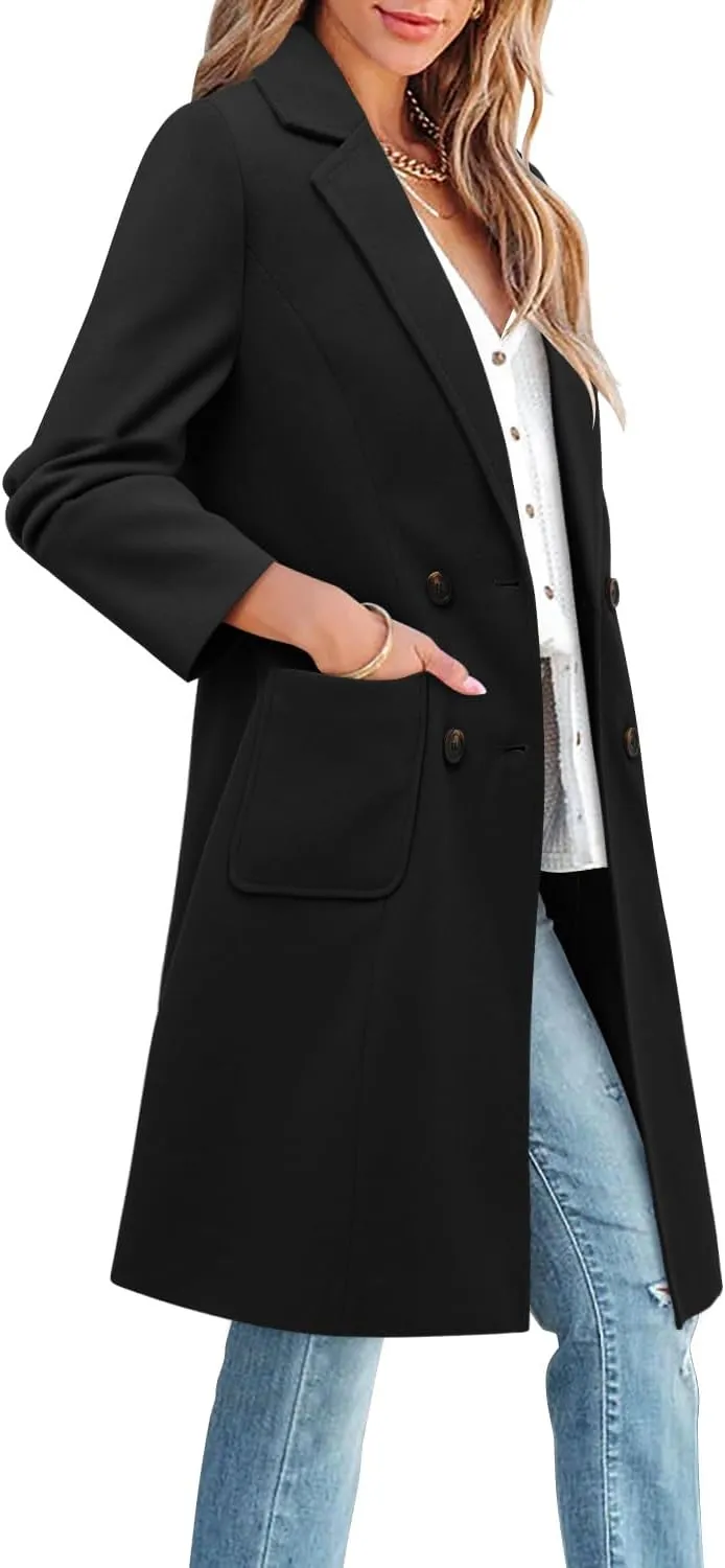 CHICZONE Women's Notch Lapel Double Breasted Mid Long Pea Coat Wool Blend Overcoat Winter Outwear
