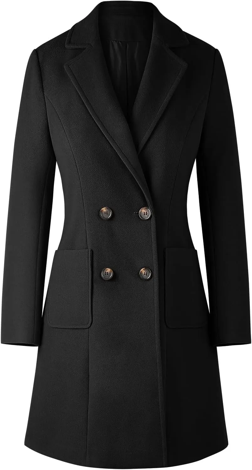 CHICZONE Women's Notch Lapel Double Breasted Mid Long Pea Coat Wool Blend Overcoat Winter Outwear