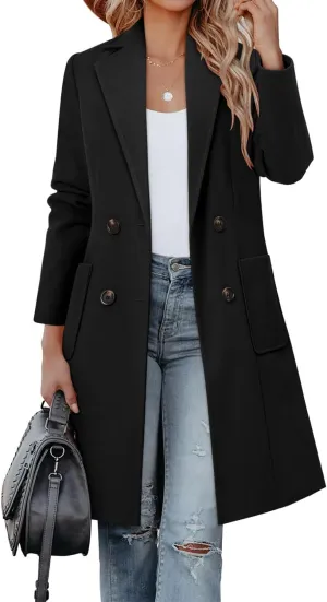 CHICZONE Women's Notch Lapel Double Breasted Mid Long Pea Coat Wool Blend Overcoat Winter Outwear