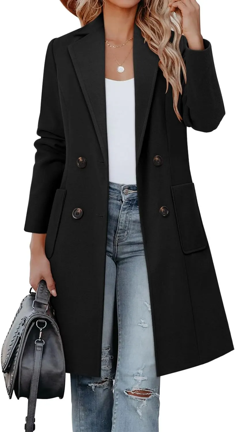 CHICZONE Women's Notch Lapel Double Breasted Mid Long Pea Coat Wool Blend Overcoat Winter Outwear
