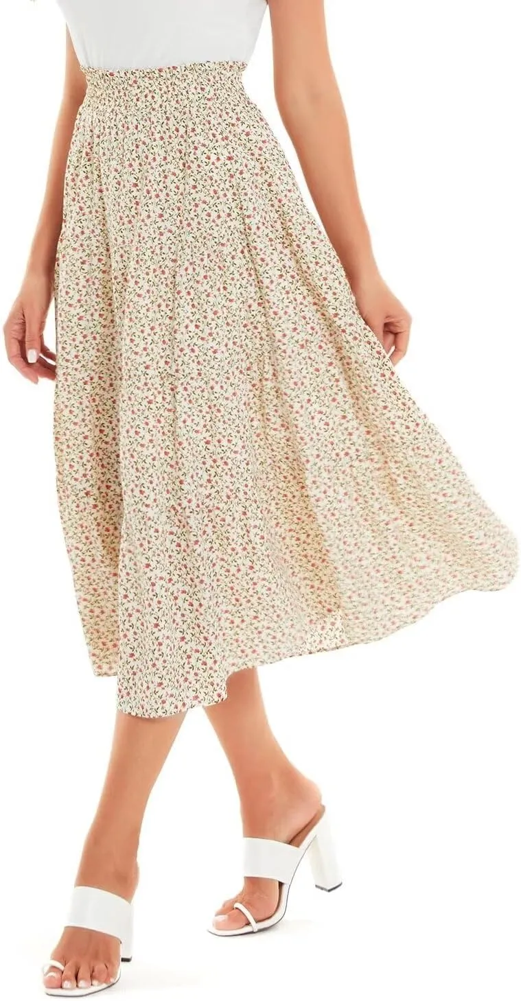 DIASHINY Women's Floral Printed High Waist Polka Dot Elastic Waist A Line Layered Long Skirt