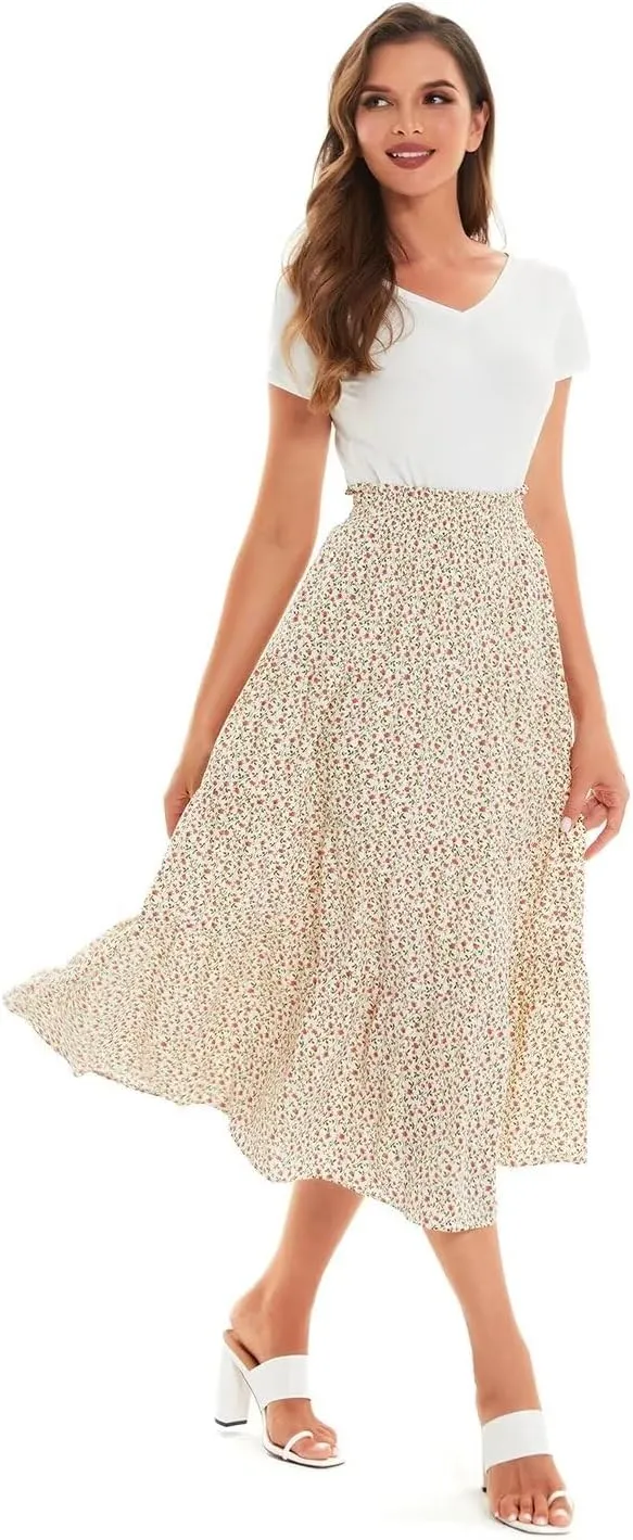DIASHINY Women's Floral Printed High Waist Polka Dot Elastic Waist A Line Layered Long Skirt