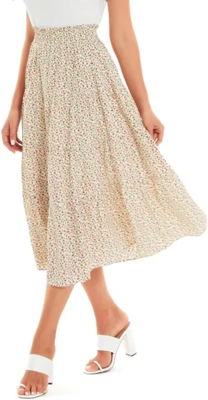 DIASHINY Women's Floral Printed High Waist Polka Dot Elastic Waist A Line Layered Long Skirt