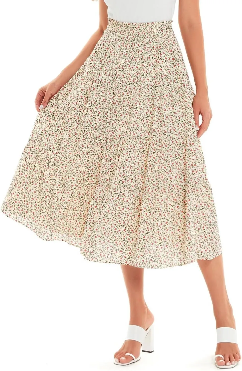 DIASHINY Women's Floral Printed High Waist Polka Dot Elastic Waist A Line Layered Long Skirt
