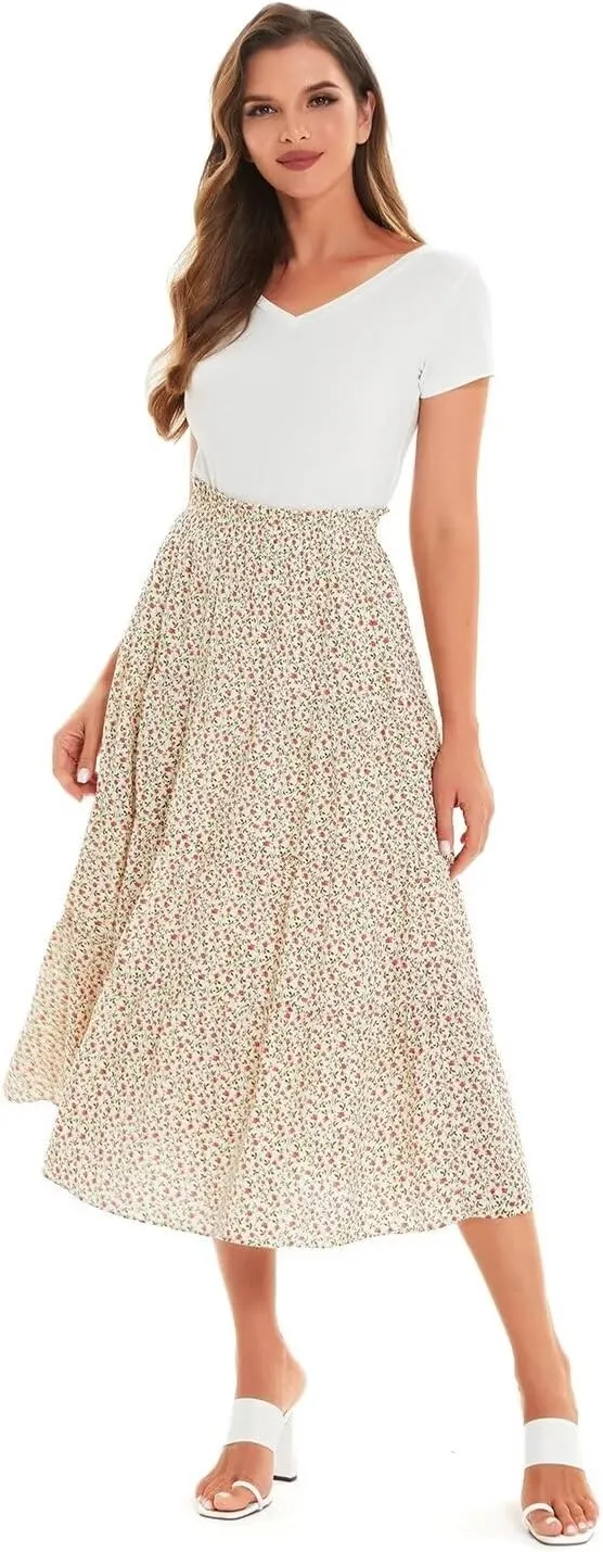 DIASHINY Women's Floral Printed High Waist Polka Dot Elastic Waist A Line Layered Long Skirt