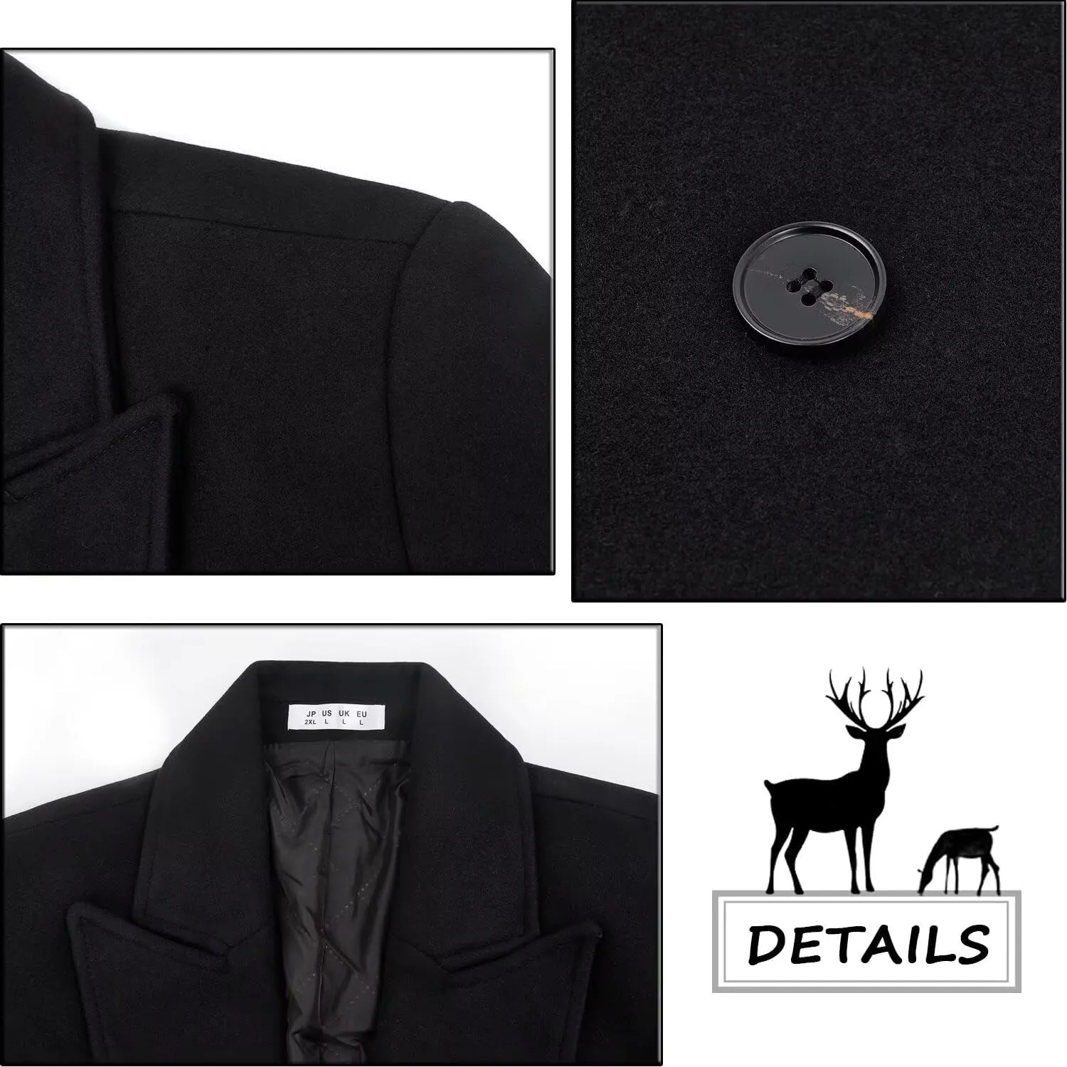 ELETOP Men's Trench Coat Long Wool Coat Winter Classic Overcoat Top Pea Coat