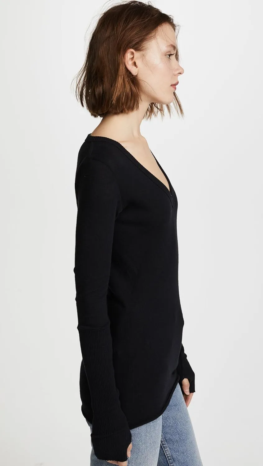 Enza Costa Womens Cashmere Blend Cuffed V-Neck Top with Thumbholes