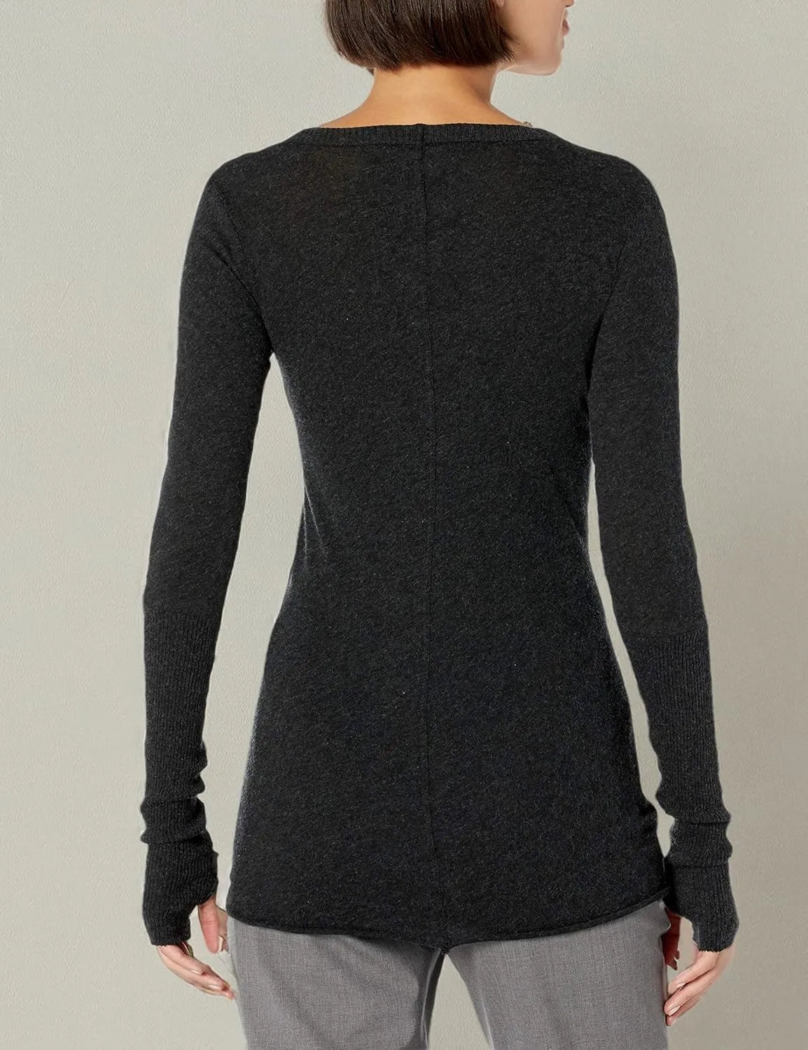 Enza Costa Womens Cashmere Blend Cuffed V-Neck Top with Thumbholes