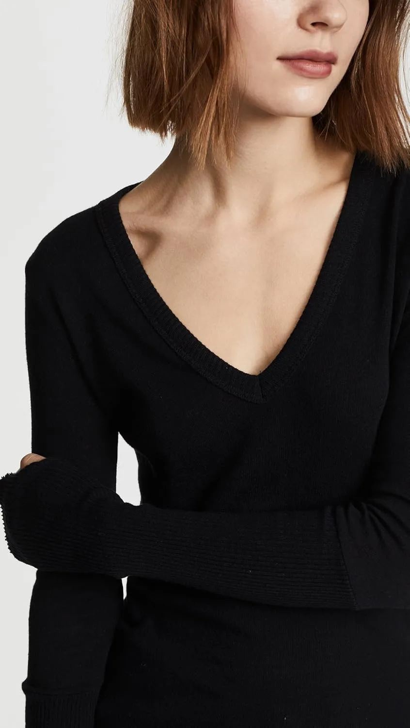 Enza Costa Womens Cashmere Blend Cuffed V-Neck Top with Thumbholes