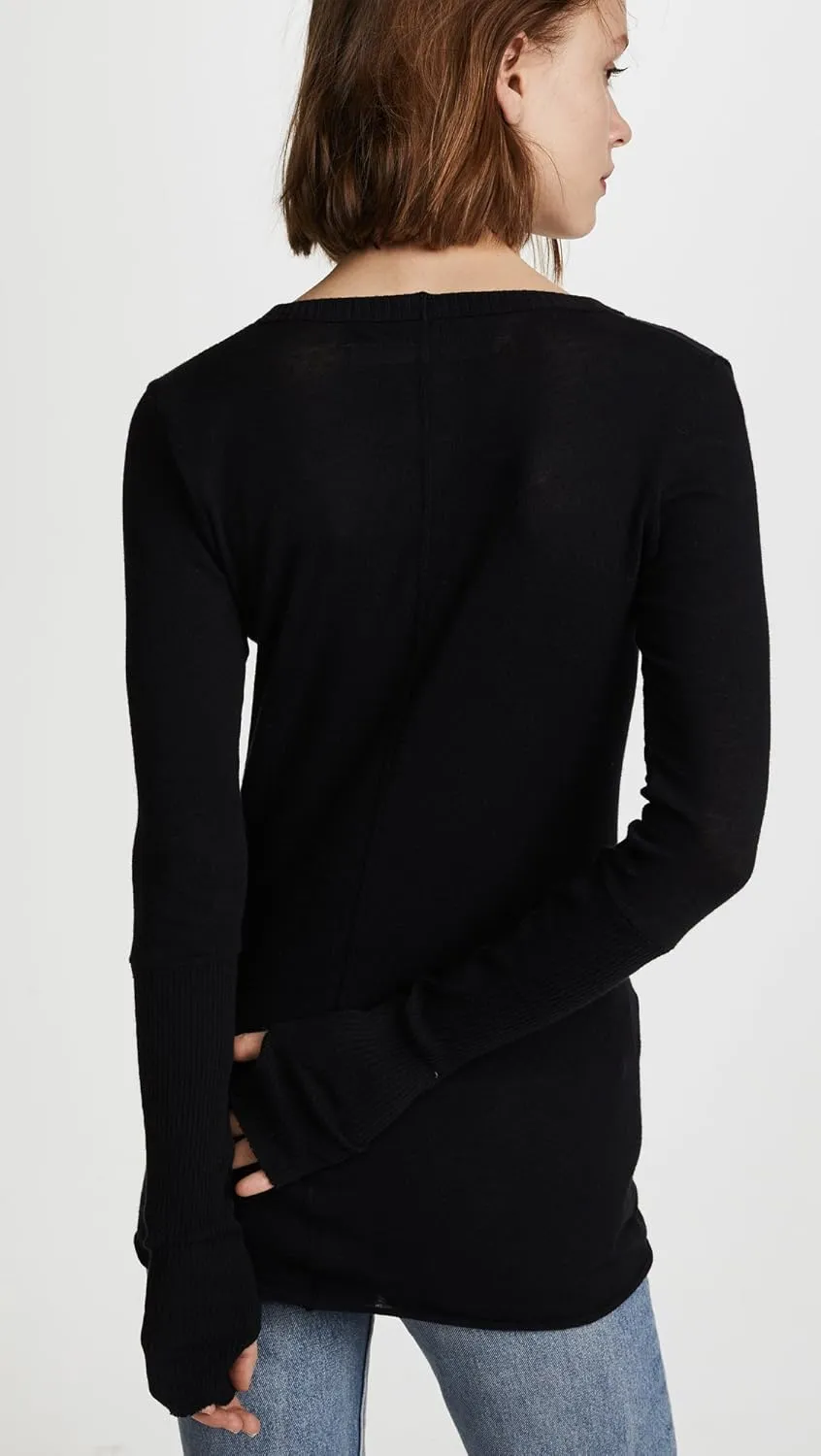 Enza Costa Womens Cashmere Blend Cuffed V-Neck Top with Thumbholes