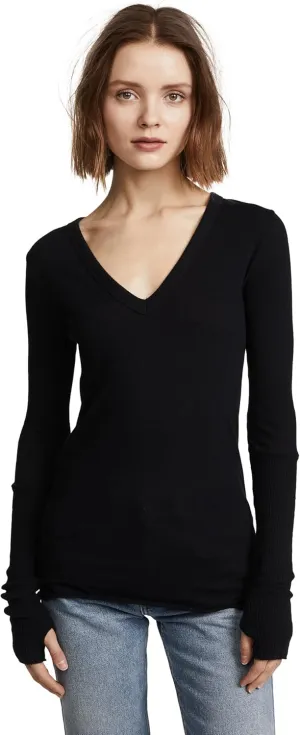 Enza Costa Womens Cashmere Blend Cuffed V-Neck Top with Thumbholes