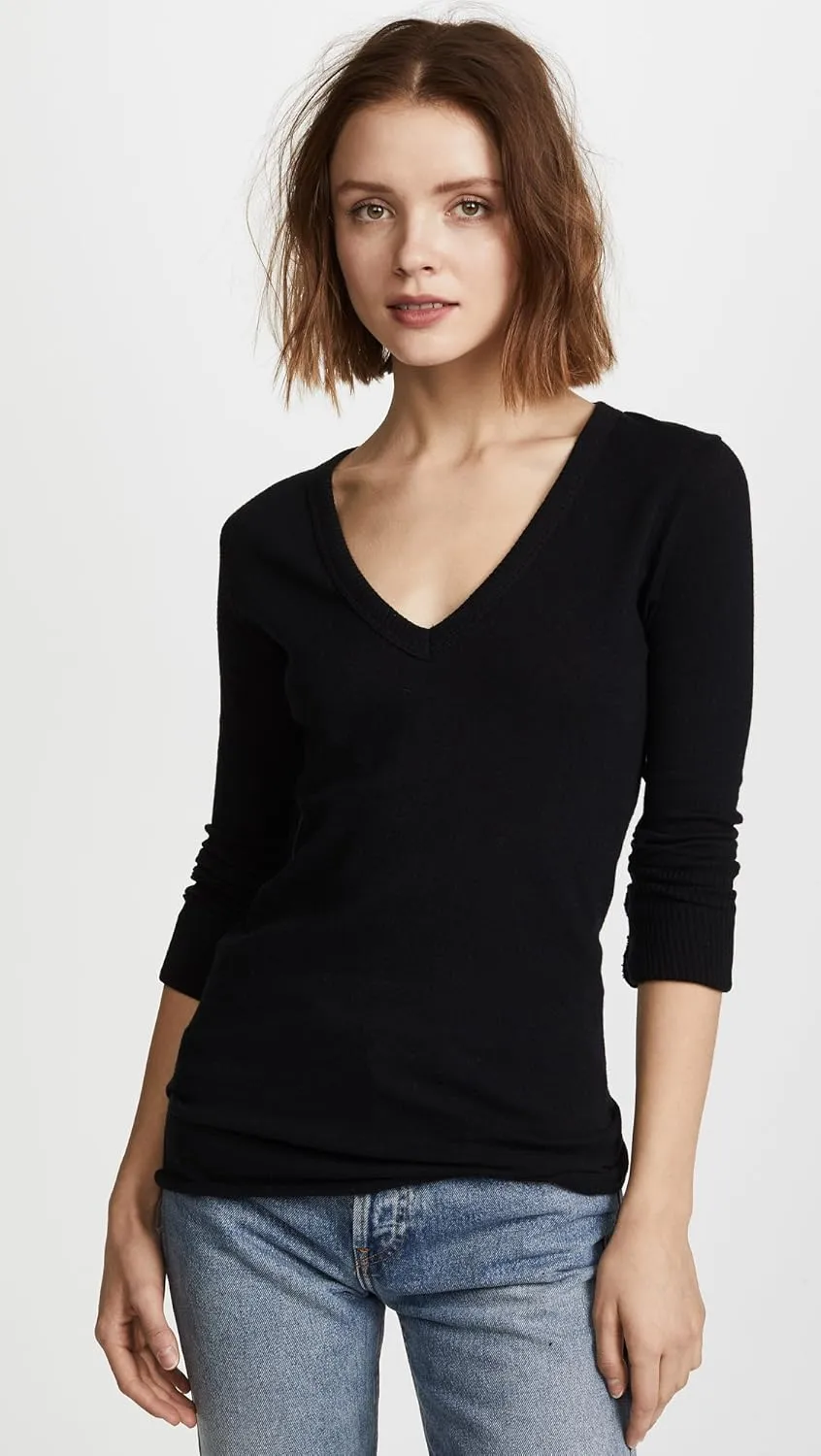 Enza Costa Womens Cashmere Blend Cuffed V-Neck Top with Thumbholes