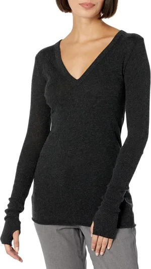 Enza Costa Womens Cashmere Blend Cuffed V-Neck Top with Thumbholes