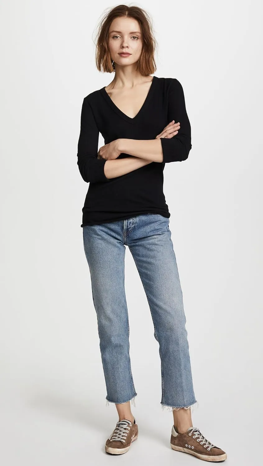 Enza Costa Womens Cashmere Blend Cuffed V-Neck Top with Thumbholes