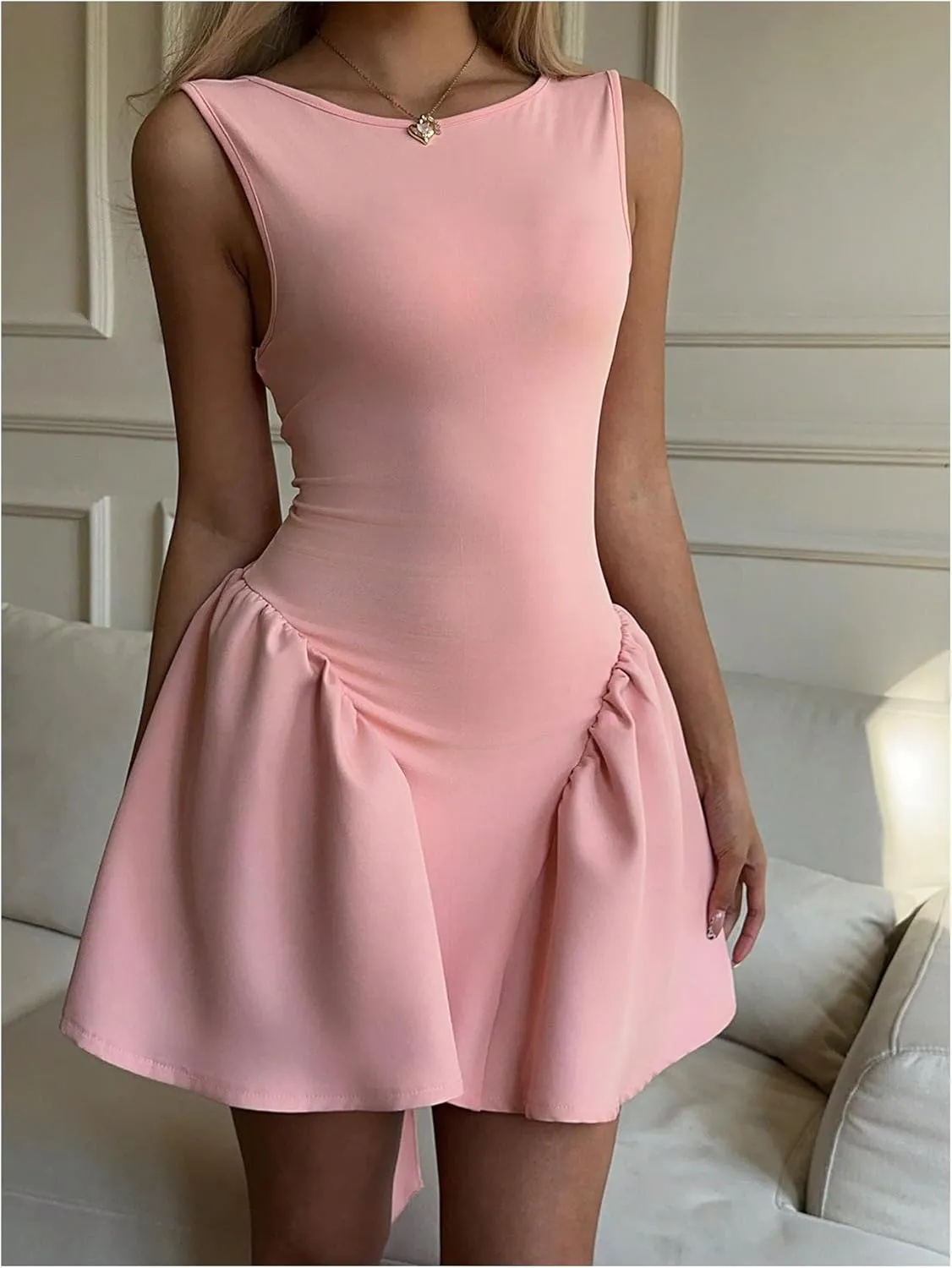 GORGLITTER Women's Bow Tie Backess Ruffle Dress Sleeveless Backless Mini Evening Dresses