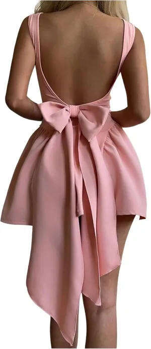 GORGLITTER Women's Bow Tie Backess Ruffle Dress Sleeveless Backless Mini Evening Dresses