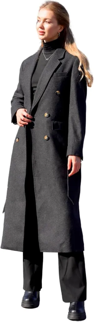 HUSN Women's Wool Long Overcoat Double Breasted Classic Spring Autumn Winter Coat with Back Vent Inner Pockets Professional