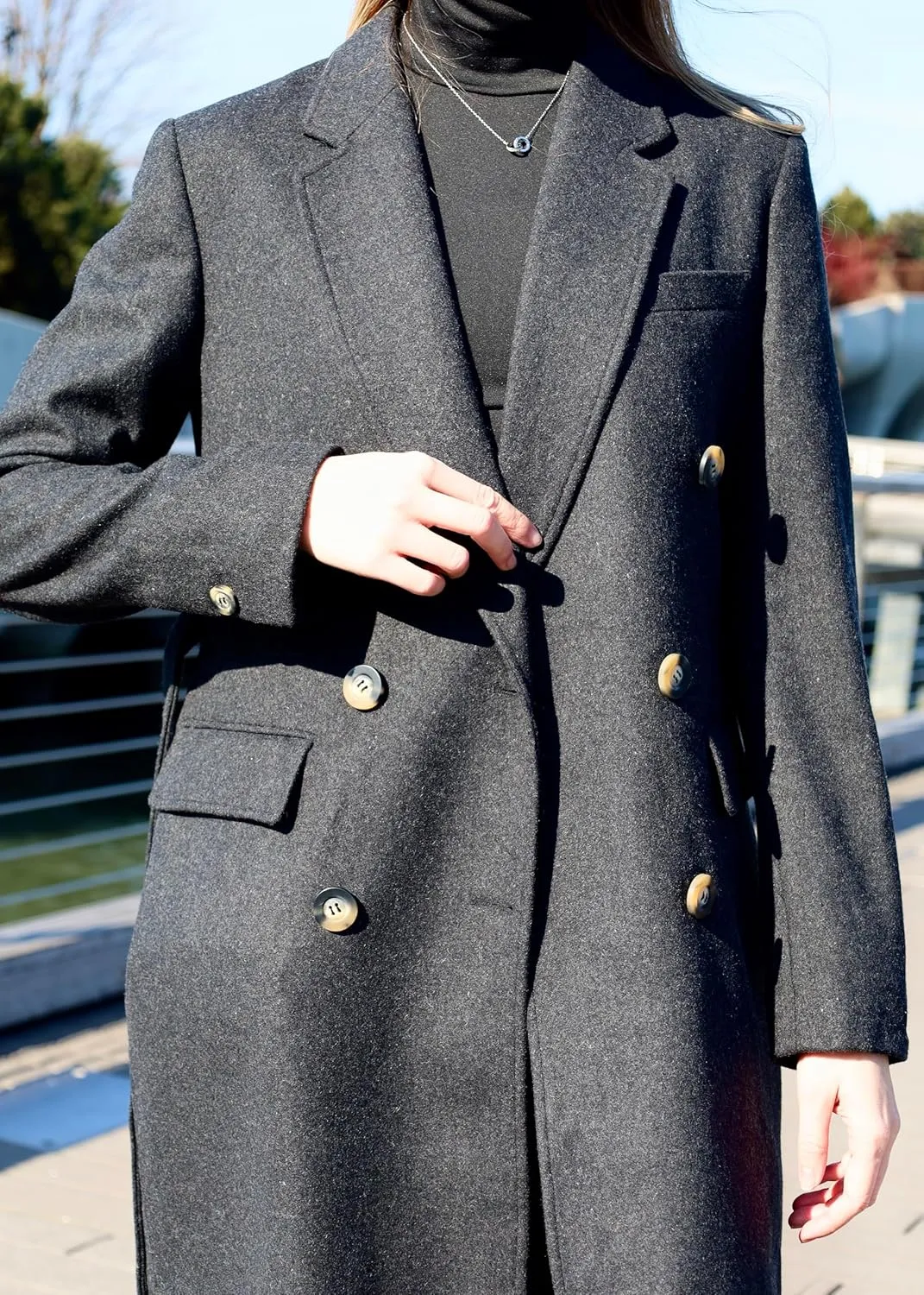 HUSN Women's Wool Long Overcoat Double Breasted Classic Spring Autumn Winter Coat with Back Vent Inner Pockets Professional