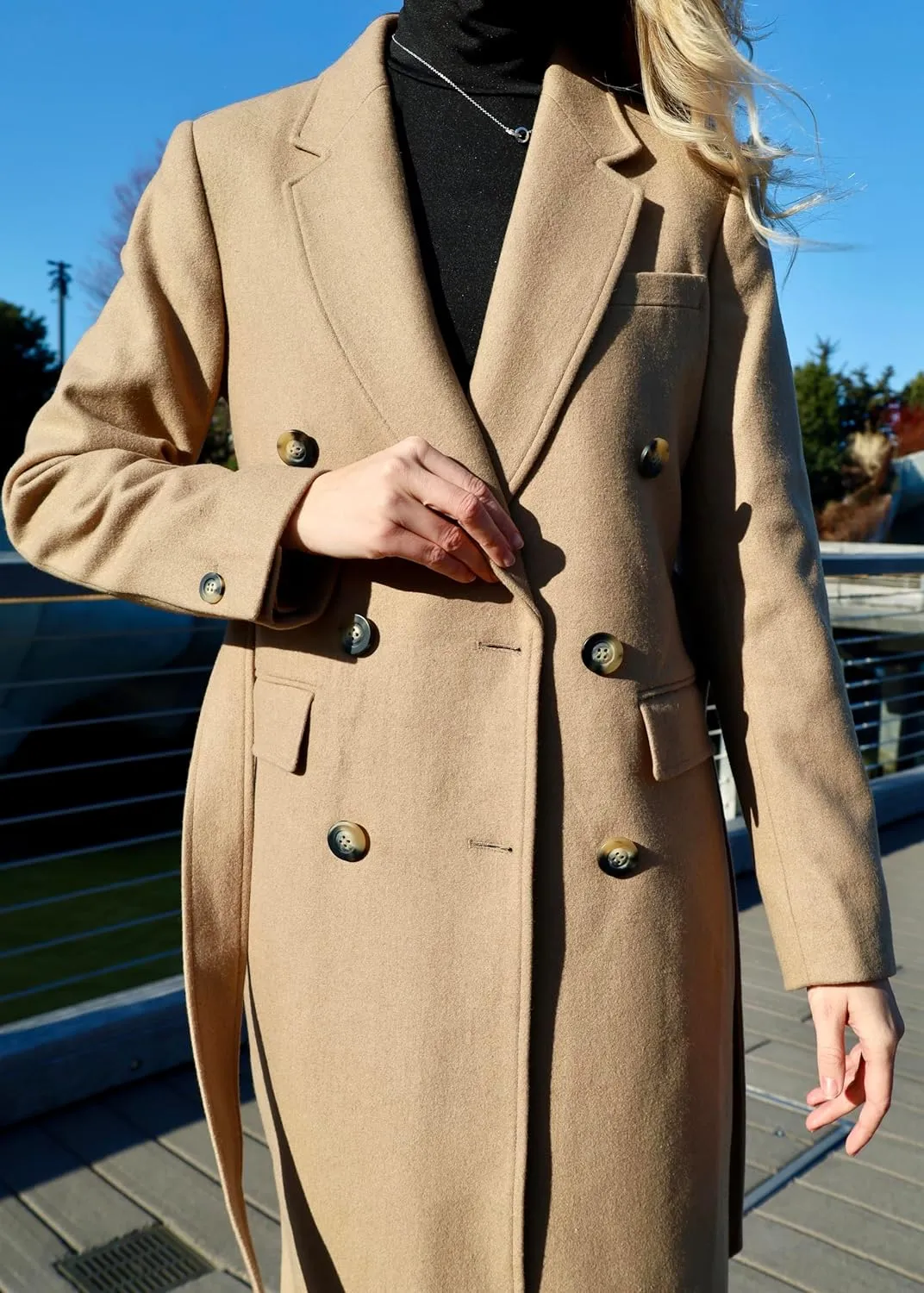 HUSN Women's Wool Long Overcoat Double Breasted Classic Spring Autumn Winter Coat with Back Vent Inner Pockets Professional