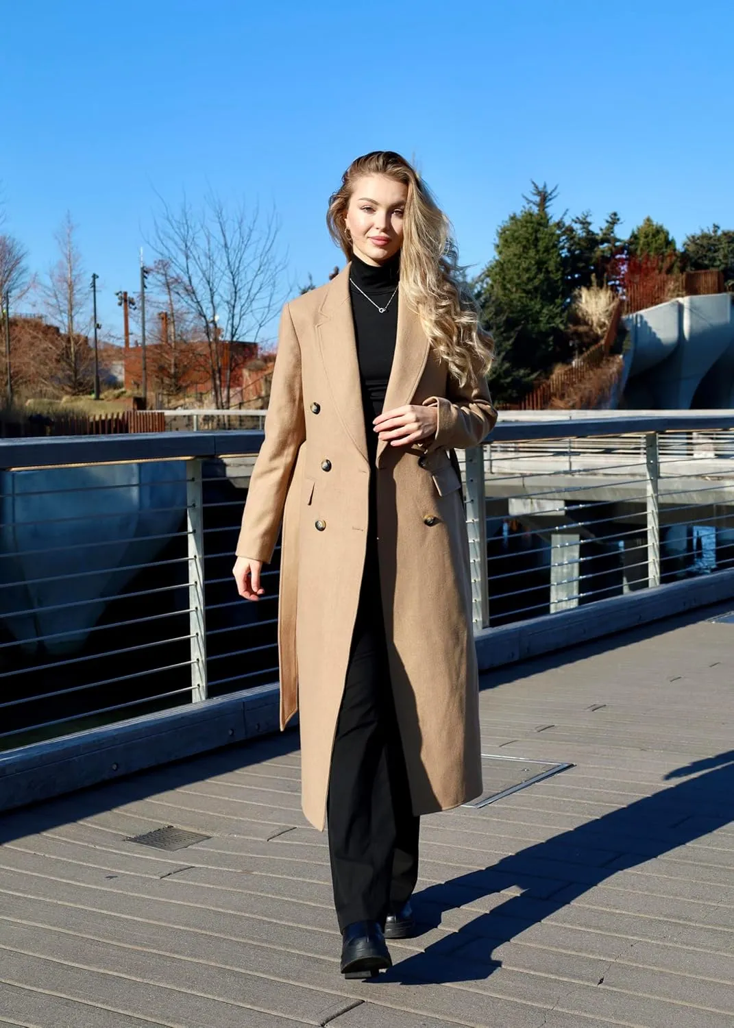 HUSN Women's Wool Long Overcoat Double Breasted Classic Spring Autumn Winter Coat with Back Vent Inner Pockets Professional