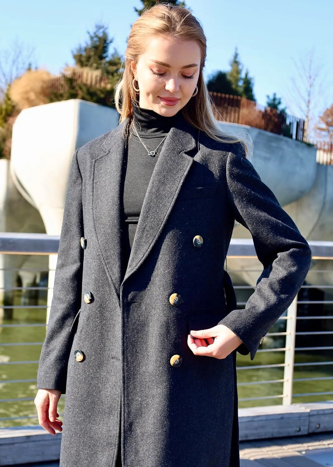 HUSN Women's Wool Long Overcoat Double Breasted Classic Spring Autumn Winter Coat with Back Vent Inner Pockets Professional