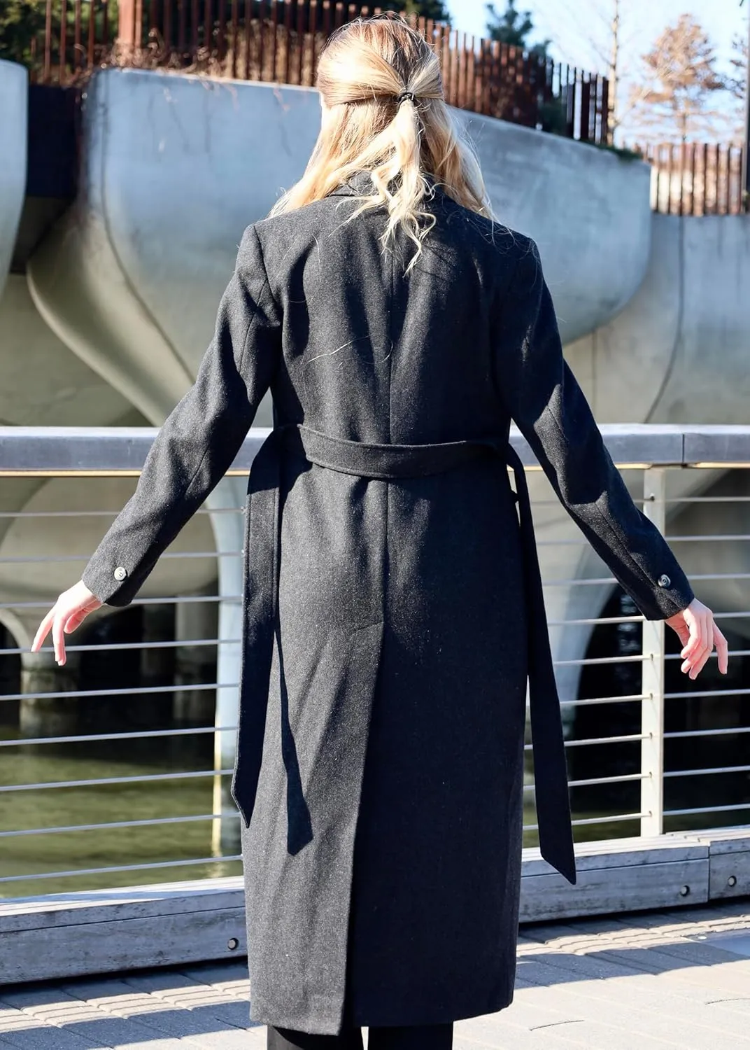 HUSN Women's Wool Long Overcoat Double Breasted Classic Spring Autumn Winter Coat with Back Vent Inner Pockets Professional