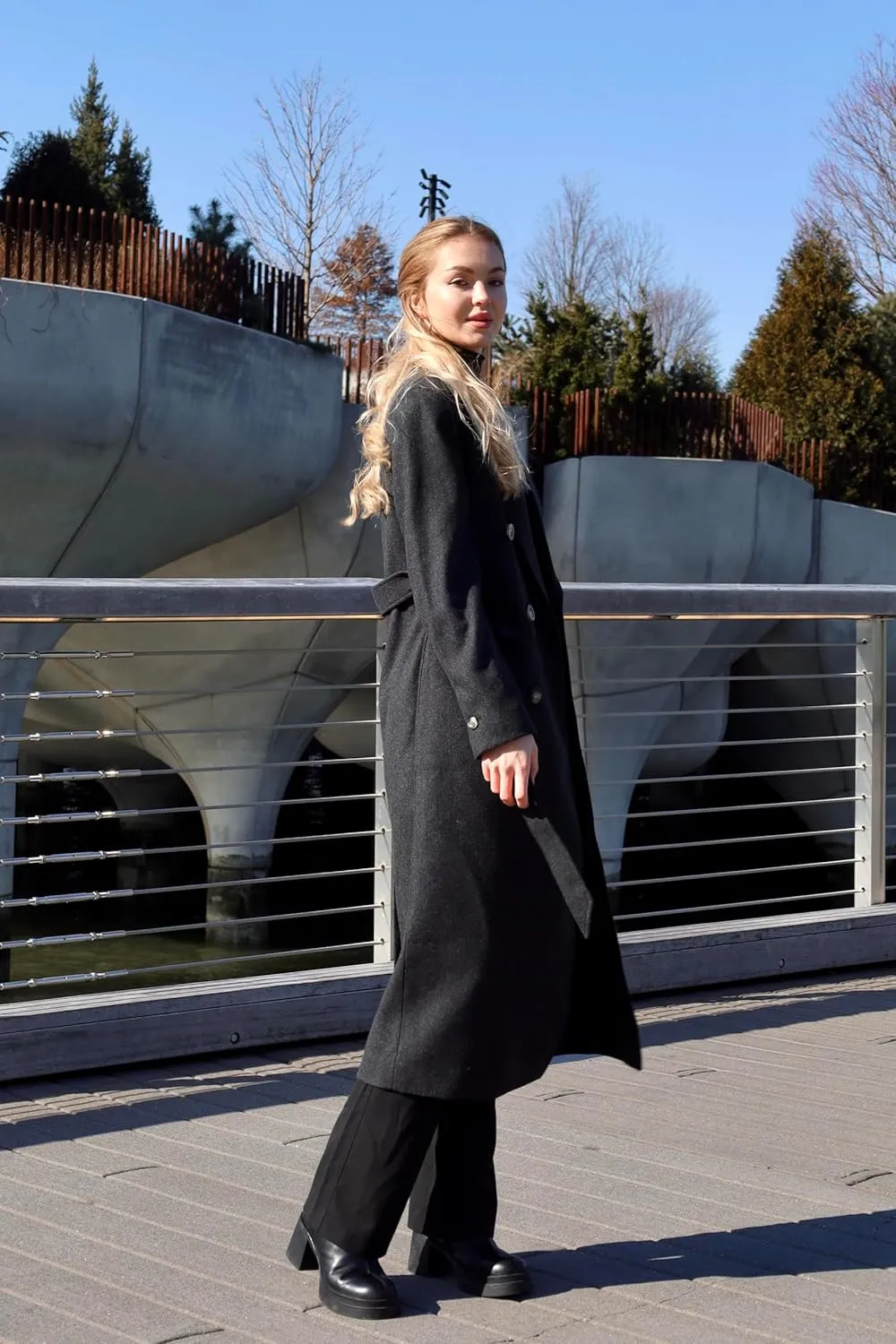 HUSN Women's Wool Long Overcoat Double Breasted Classic Spring Autumn Winter Coat with Back Vent Inner Pockets Professional