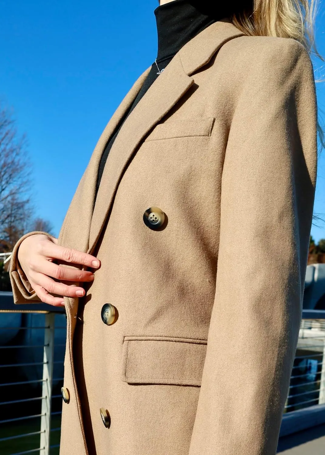 HUSN Women's Wool Long Overcoat Double Breasted Classic Spring Autumn Winter Coat with Back Vent Inner Pockets Professional