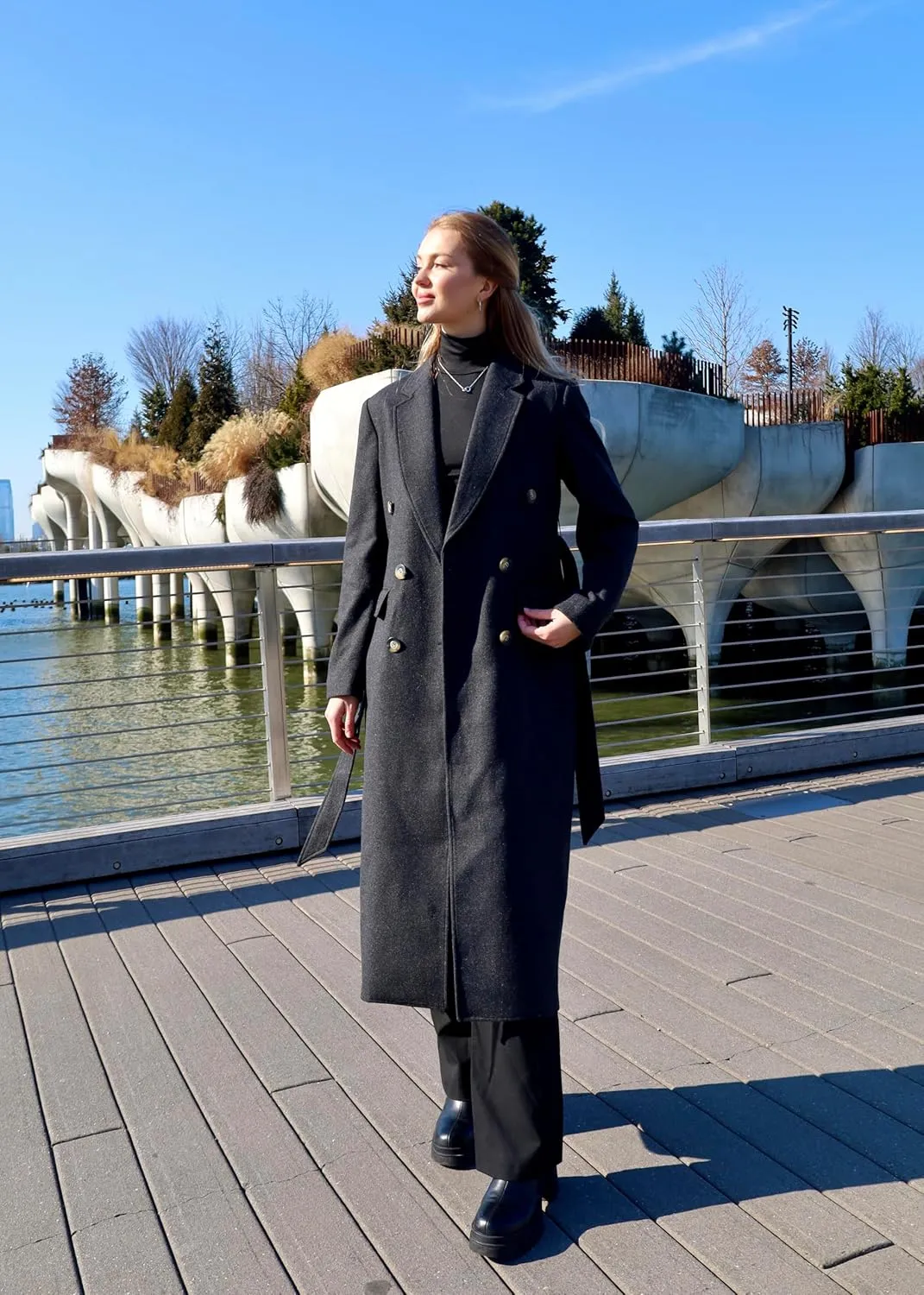 HUSN Women's Wool Long Overcoat Double Breasted Classic Spring Autumn Winter Coat with Back Vent Inner Pockets Professional