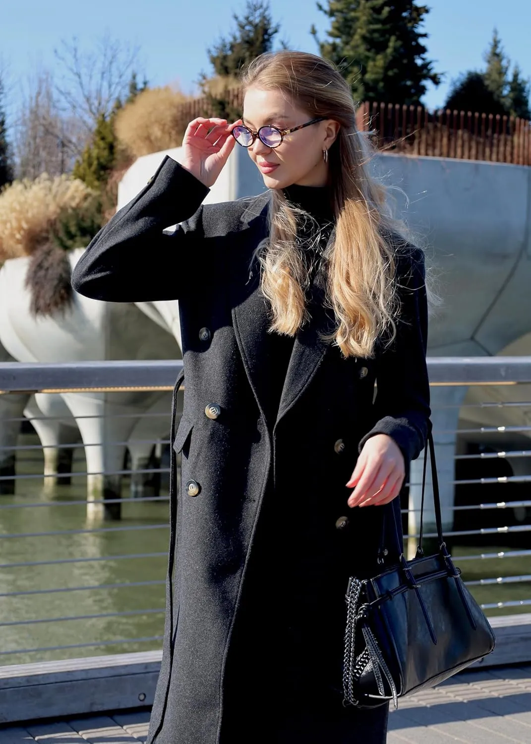 HUSN Women's Wool Long Overcoat Double Breasted Classic Spring Autumn Winter Coat with Back Vent Inner Pockets Professional
