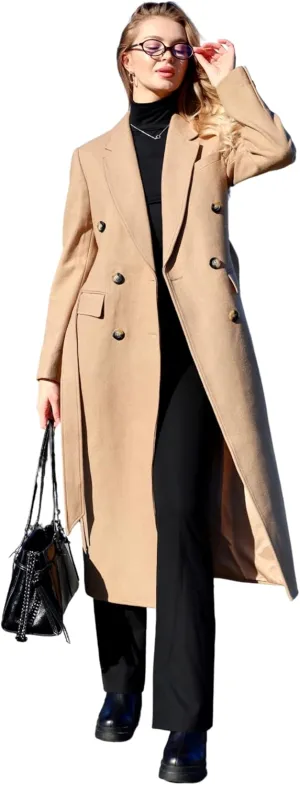 HUSN Women's Wool Long Overcoat Double Breasted Classic Spring Autumn Winter Coat with Back Vent Inner Pockets Professional