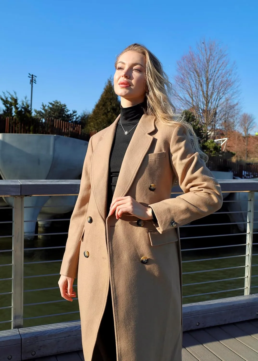 HUSN Women's Wool Long Overcoat Double Breasted Classic Spring Autumn Winter Coat with Back Vent Inner Pockets Professional