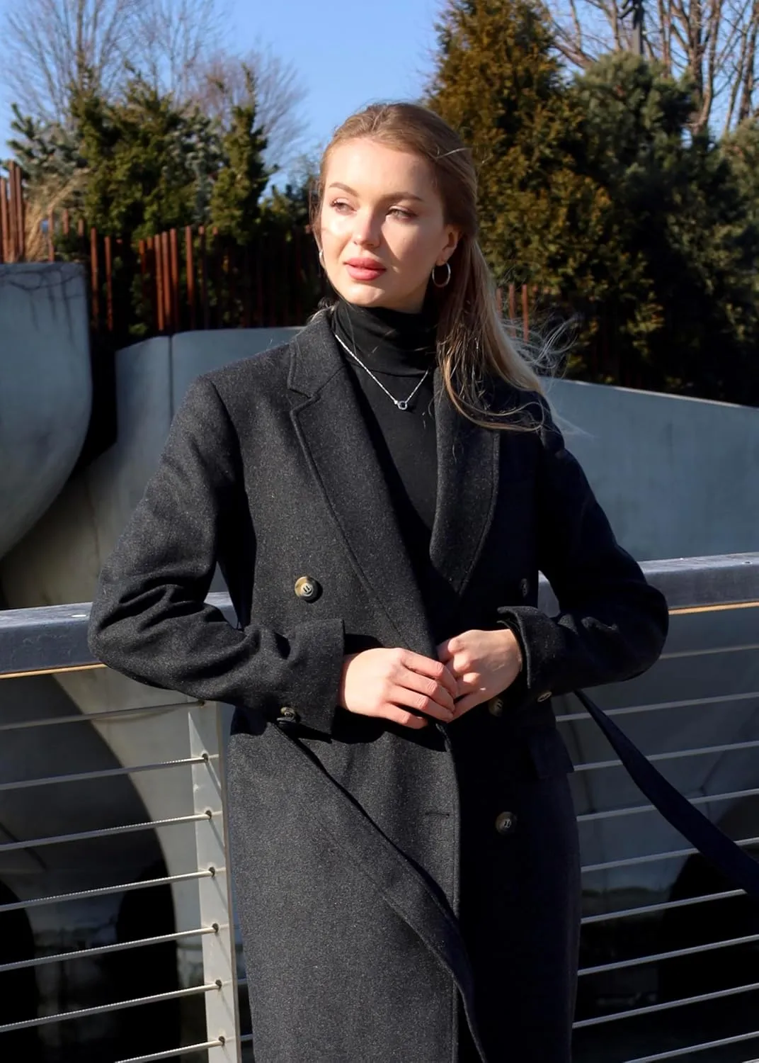HUSN Women's Wool Long Overcoat Double Breasted Classic Spring Autumn Winter Coat with Back Vent Inner Pockets Professional
