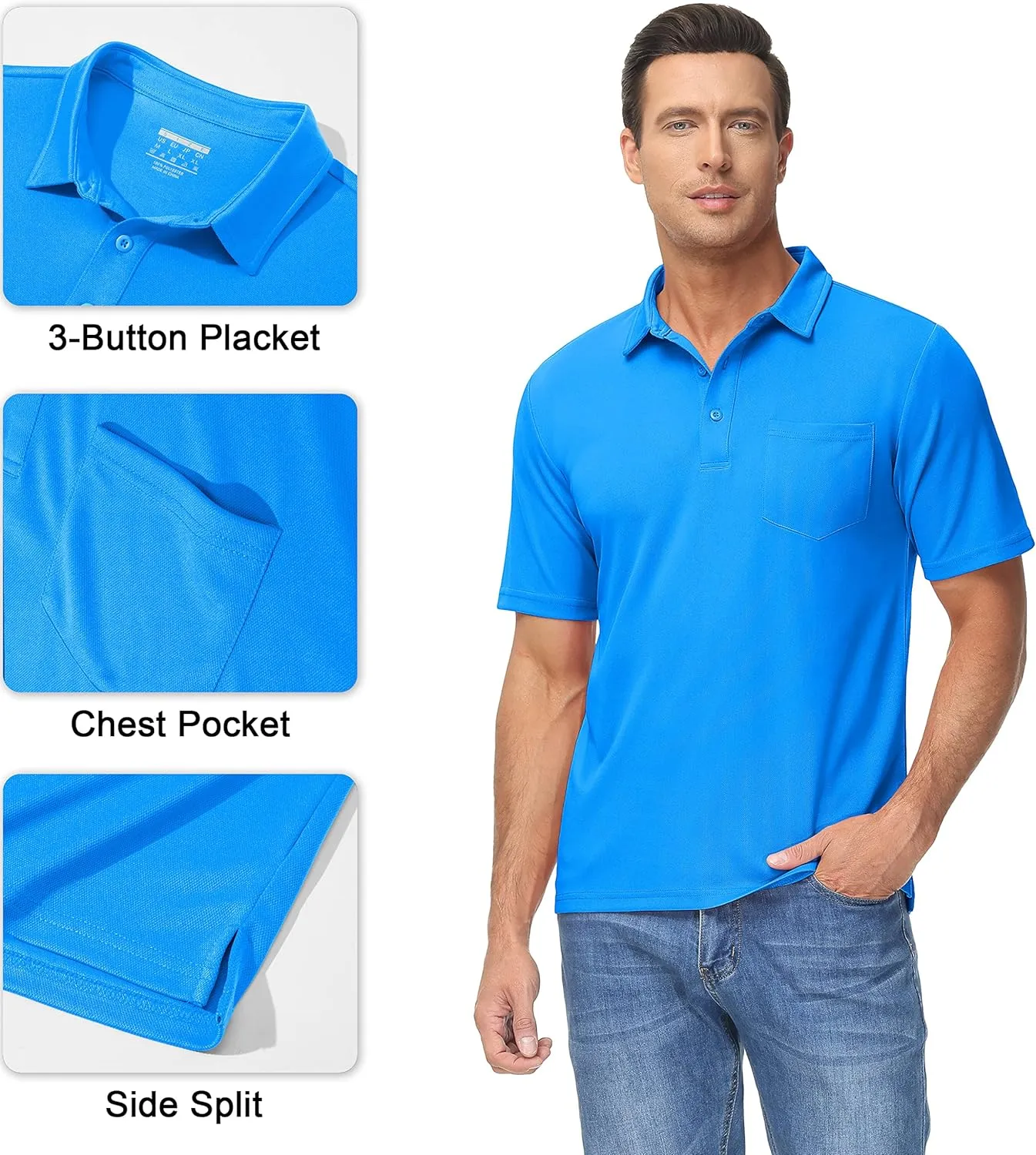 MAGCOMSEN Polo Shirts for Men with Pocket Short Sleeve Collared Golf Shirts Quick Dry Pique Performance Athletic Summer