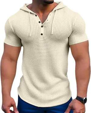 Mens Hoodies Drawstring Waffle Knit Tops Slim Fit Lightweight Summer Hooded Sweatshirt Gym Muscle Fit T Shirts Tshirt