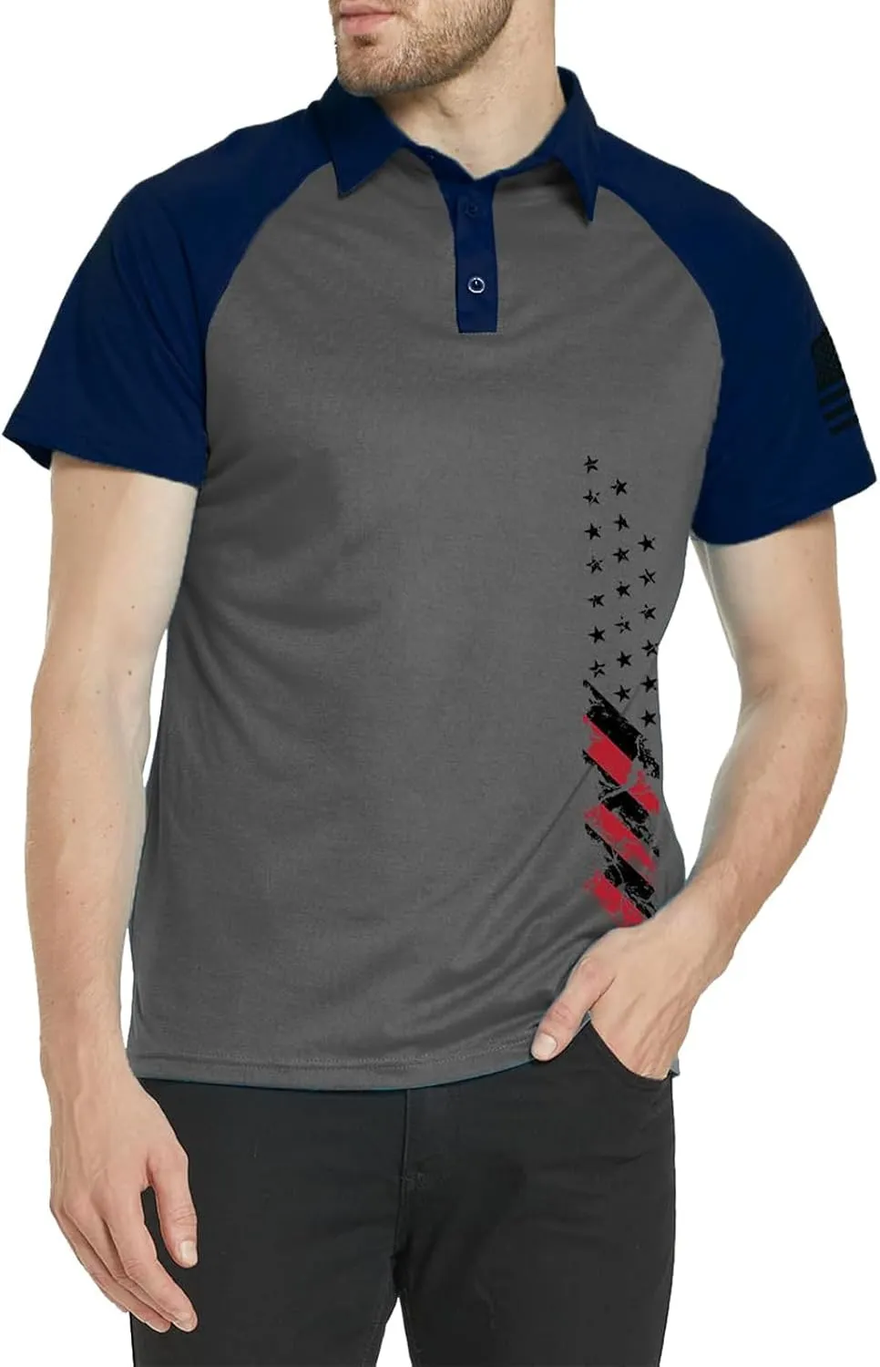 Men's Polo Shirt Short Sleeve Quick Dry American Flag Print Graphic Split Color Golf Shirt for Sport