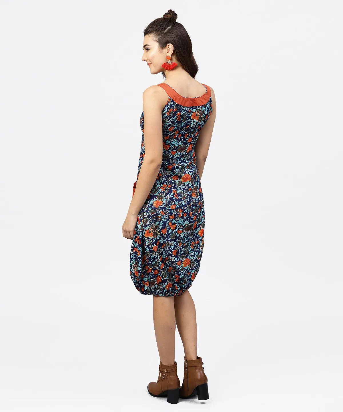 Navy Blue Printed Ballon Dress With Roud Neck And Front Patch Pocket