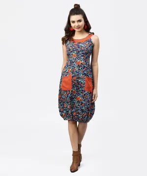 Navy Blue Printed Ballon Dress With Roud Neck And Front Patch Pocket
