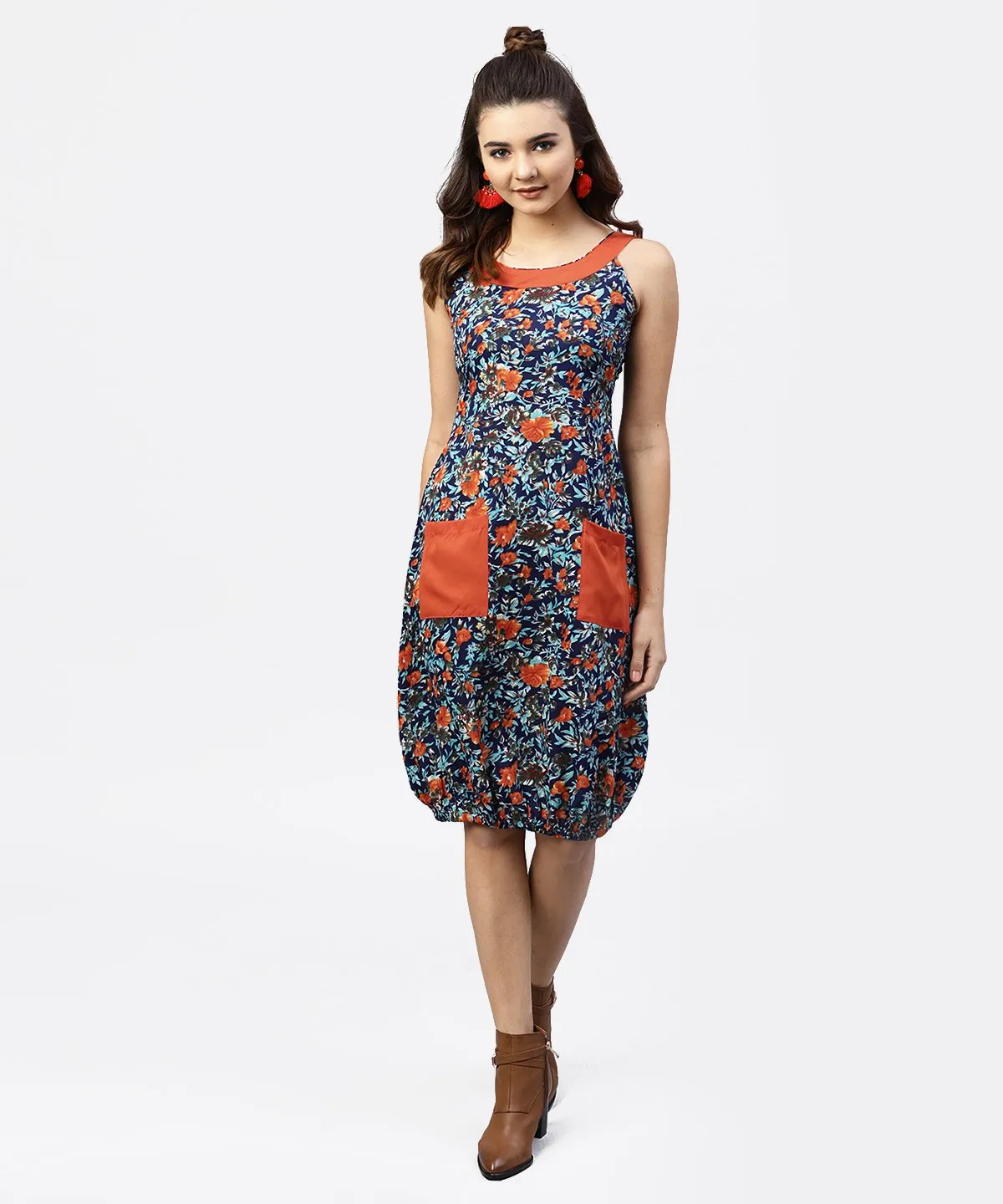 Navy Blue Printed Ballon Dress With Roud Neck And Front Patch Pocket