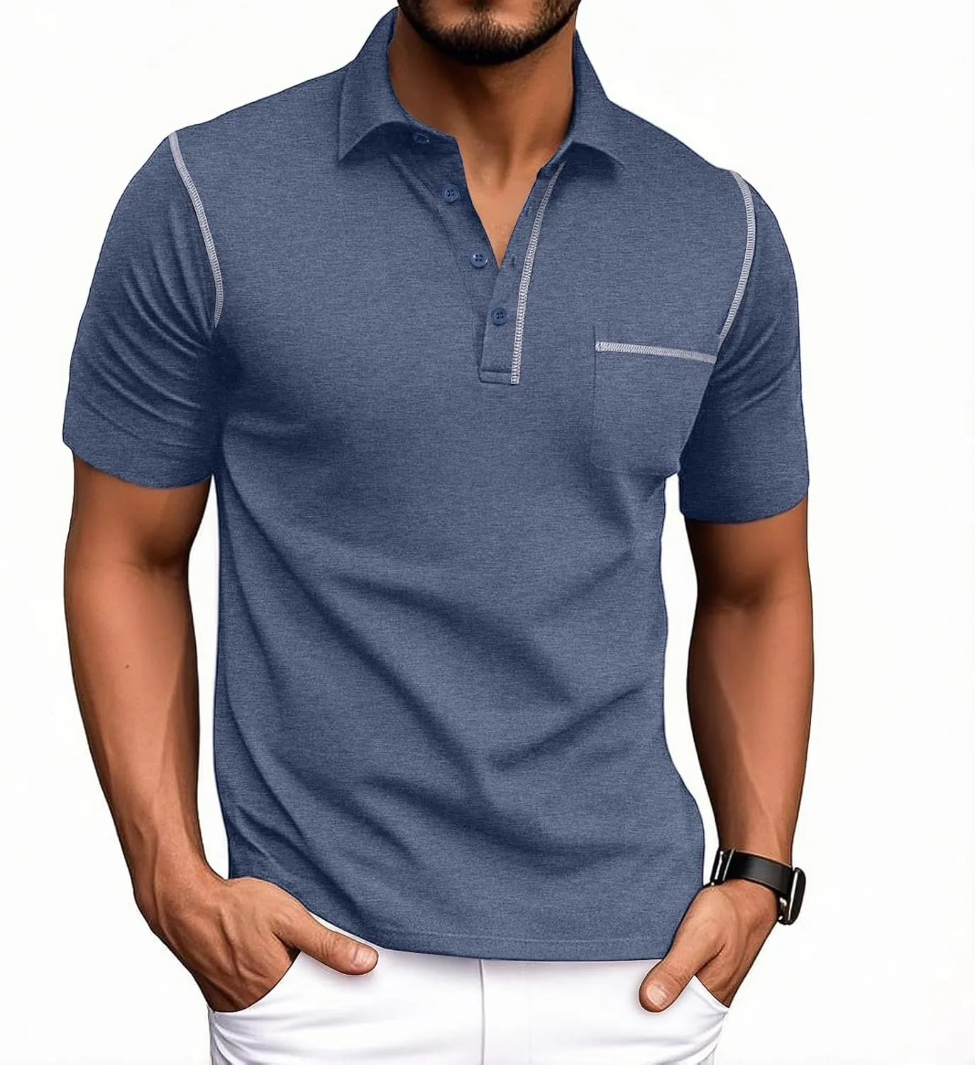 NITAGUT Mens Polo Shirts Casual Short Sleeve T-Shirt Basic Button Tee Tops with Pocket