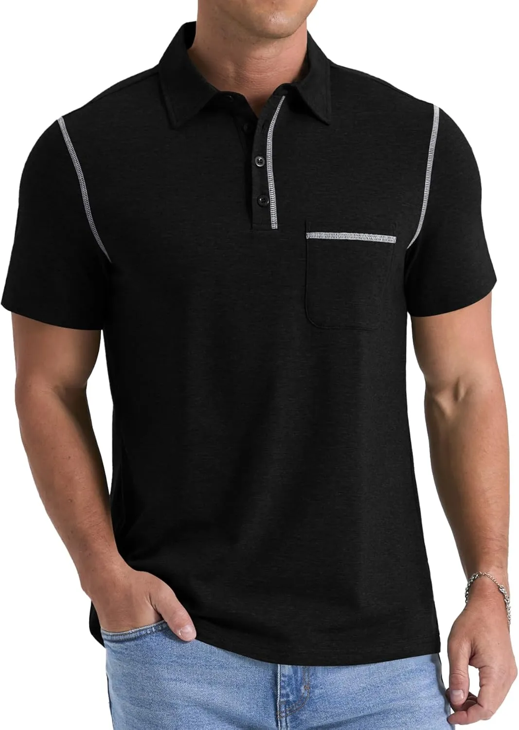 NITAGUT Mens Polo Shirts Casual Short Sleeve T-Shirt Basic Button Tee Tops with Pocket