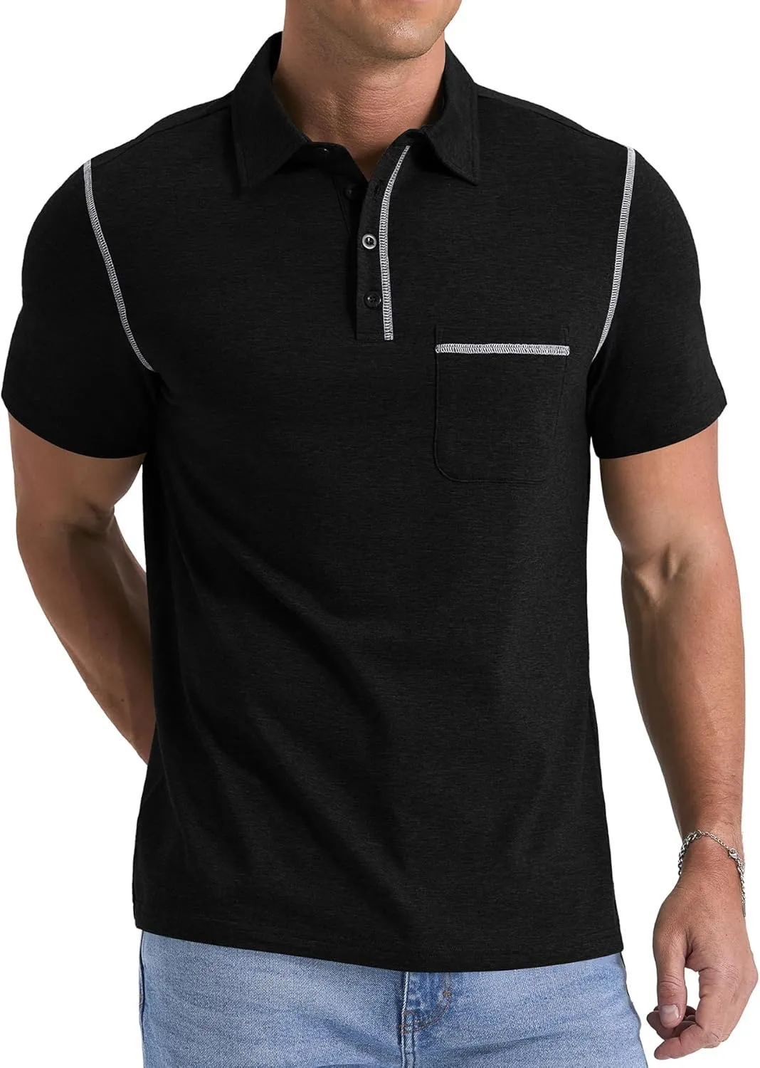 NITAGUT Mens Polo Shirts Casual Short Sleeve T-Shirt Basic Button Tee Tops with Pocket