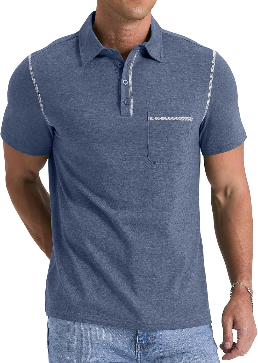 NITAGUT Mens Polo Shirts Casual Short Sleeve T-Shirt Basic Button Tee Tops with Pocket