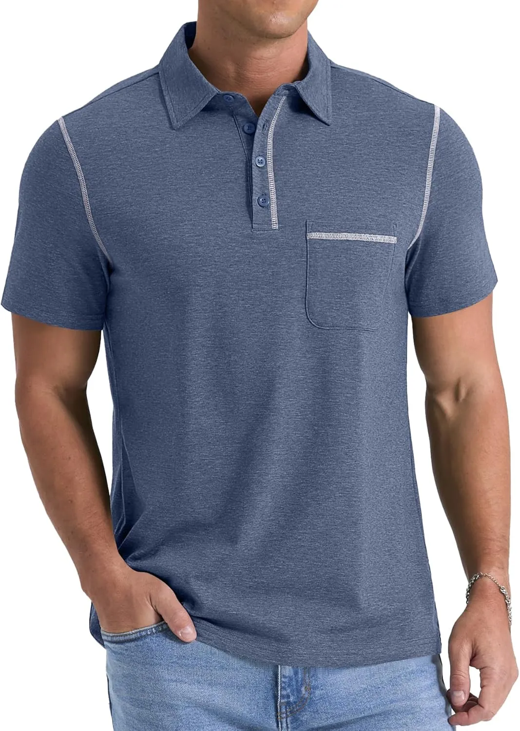 NITAGUT Mens Polo Shirts Casual Short Sleeve T-Shirt Basic Button Tee Tops with Pocket