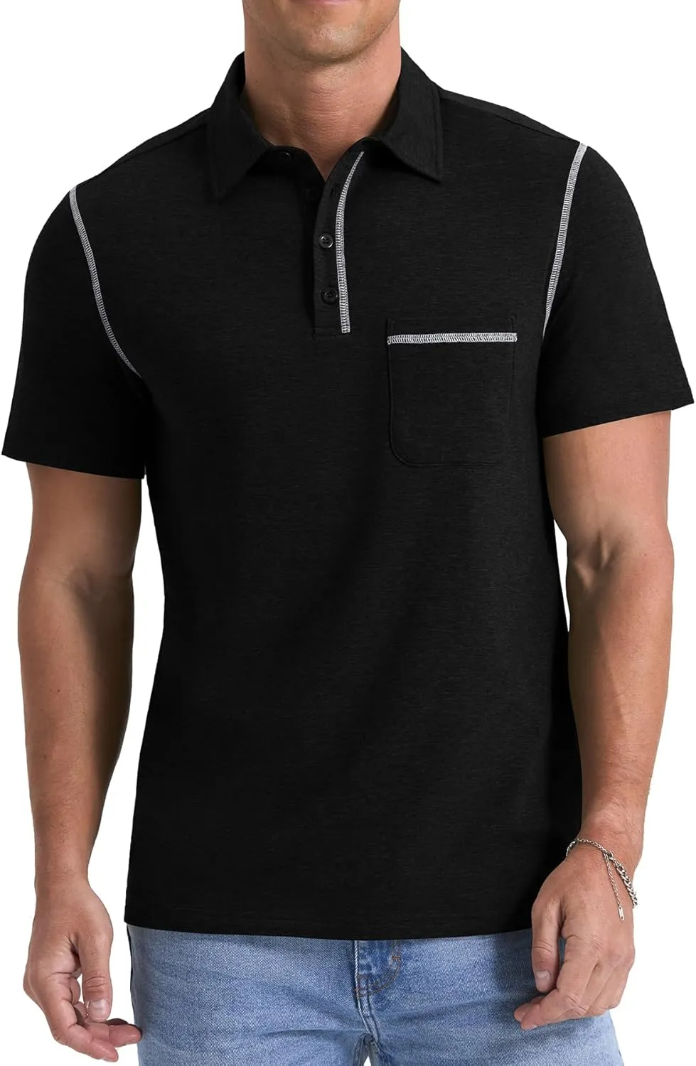 NITAGUT Mens Polo Shirts Casual Short Sleeve T-Shirt Basic Button Tee Tops with Pocket