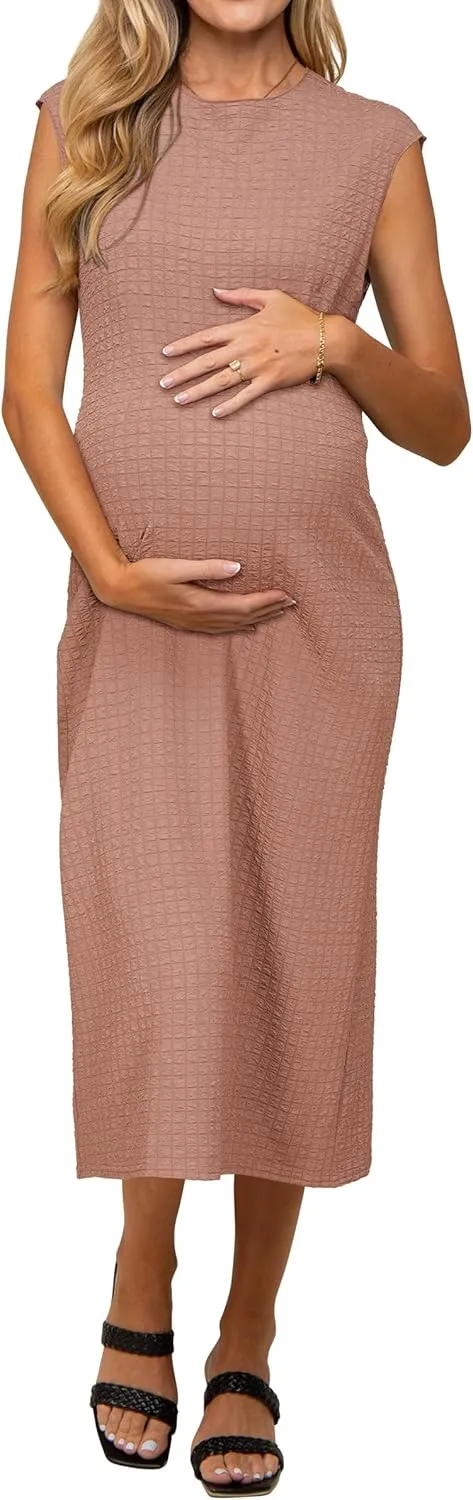 OUGES Womens 2025 Spring Cap Sleeve Maternity Dress Textured Midi Summer Pregnancy Business Casual Work Column Dress