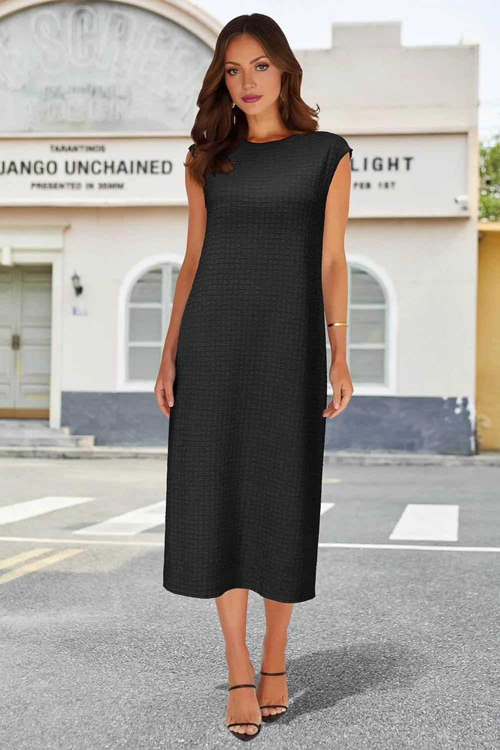 OUGES Womens 2025 Spring Cap Sleeve Maternity Dress Textured Midi Summer Pregnancy Business Casual Work Column Dress