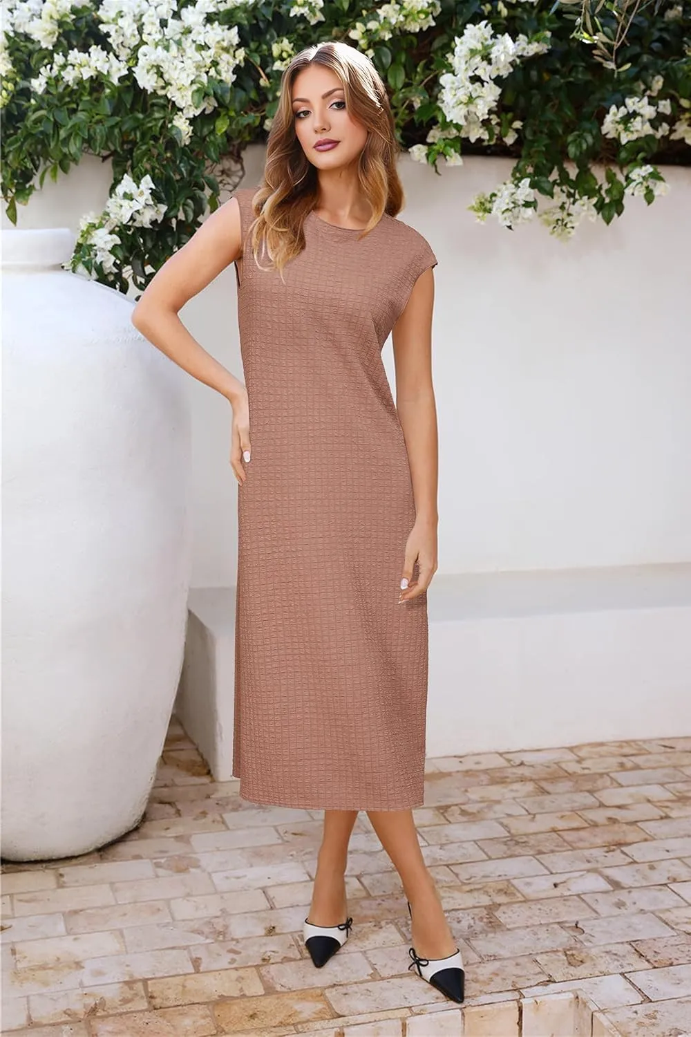 OUGES Womens 2025 Spring Cap Sleeve Maternity Dress Textured Midi Summer Pregnancy Business Casual Work Column Dress