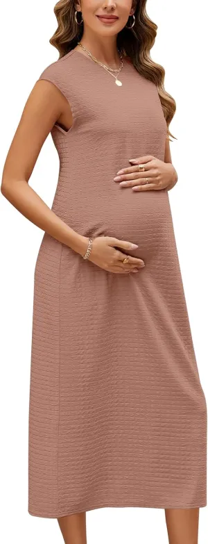 OUGES Womens 2025 Spring Cap Sleeve Maternity Dress Textured Midi Summer Pregnancy Business Casual Work Column Dress